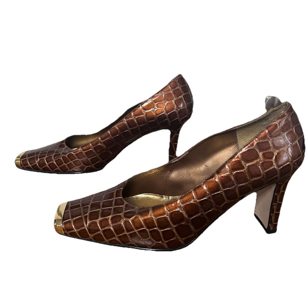 Vintage J. Renee Brown Crocodile Embossed Pump Heels Size 11 Gold Toe Cap Luxury - Picture 2 of 11